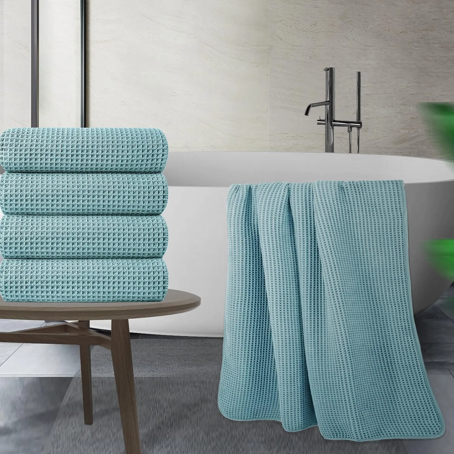POLYTE Microfiber Oversize Quick Dry Lint Free Bath Towel, 60 x 30 in, 4 Pack (Green, Waffle Weave)