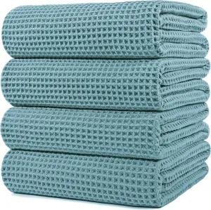 POLYTE Microfiber Oversize Quick Dry Lint Free Bath Towel, 60 x 30 in, 4 Pack (Green, Waffle Weave)