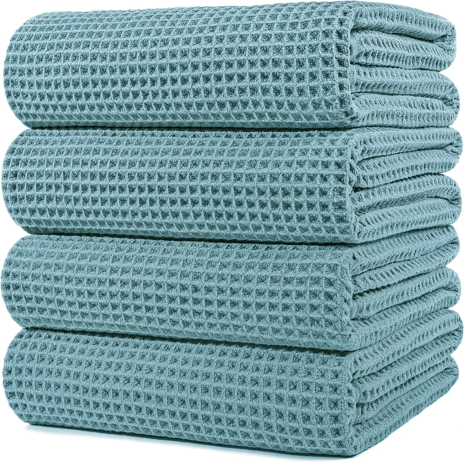 POLYTE Microfiber Oversize Quick Dry Lint Free Bath Towel, 60 x 30 in, 4 Pack (Green, Waffle Weave)