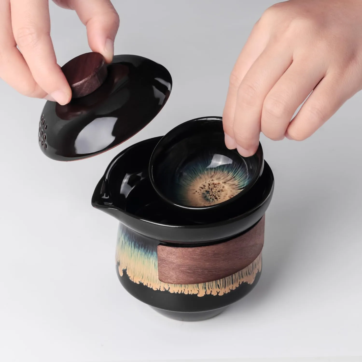 Portable Kungfu Teapot Tea Pot Set, Ceramic Gongfu Teaset with 3 cup for One Set in One Bag, Travel Tea Set Tea Pot for Tea Lovers Home Hotel Office Outdoor Picnic