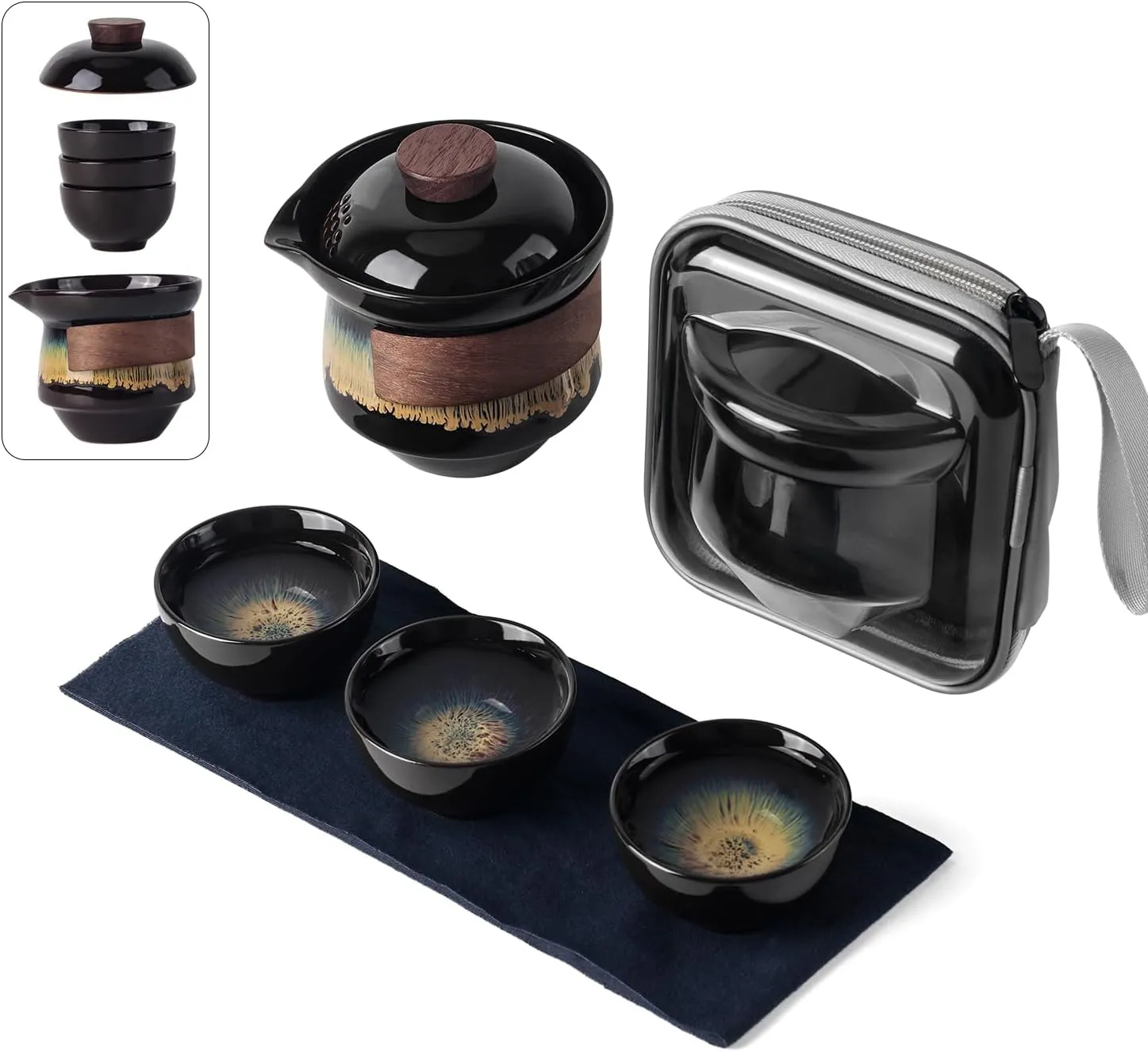 Portable Kungfu Teapot Tea Pot Set, Ceramic Gongfu Teaset with 3 cup for One Set in One Bag, Travel Tea Set Tea Pot for Tea Lovers Home Hotel Office Outdoor Picnic