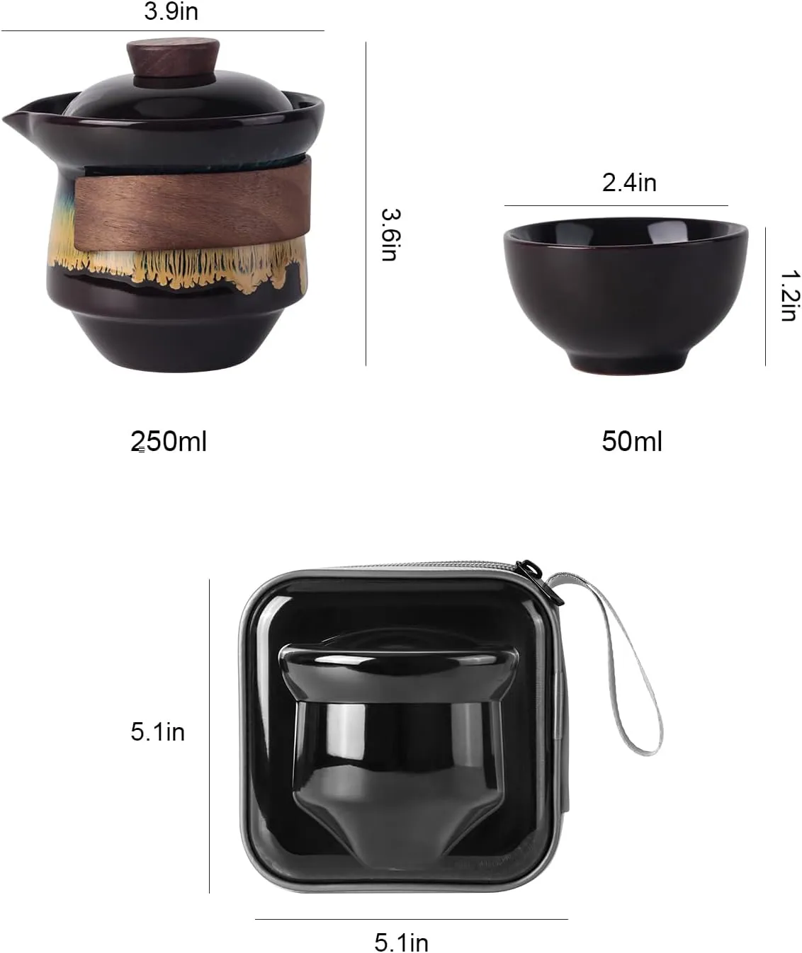 Portable Kungfu Teapot Tea Pot Set, Ceramic Gongfu Teaset with 3 cup for One Set in One Bag, Travel Tea Set Tea Pot for Tea Lovers Home Hotel Office Outdoor Picnic