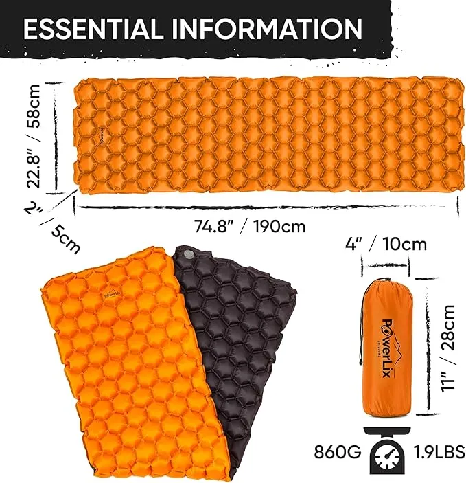 POWERLIX Ultralight Inflatable Sleeping Pad - Camping Mattress for Backpacking, Hiking with Bag, Repair Kit, Compact Sleeping Mat for Camping