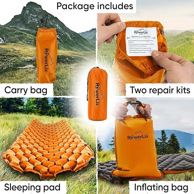 POWERLIX Ultralight Inflatable Sleeping Pad - Camping Mattress for Backpacking, Hiking with Bag, Repair Kit, Compact Sleeping Mat for Camping