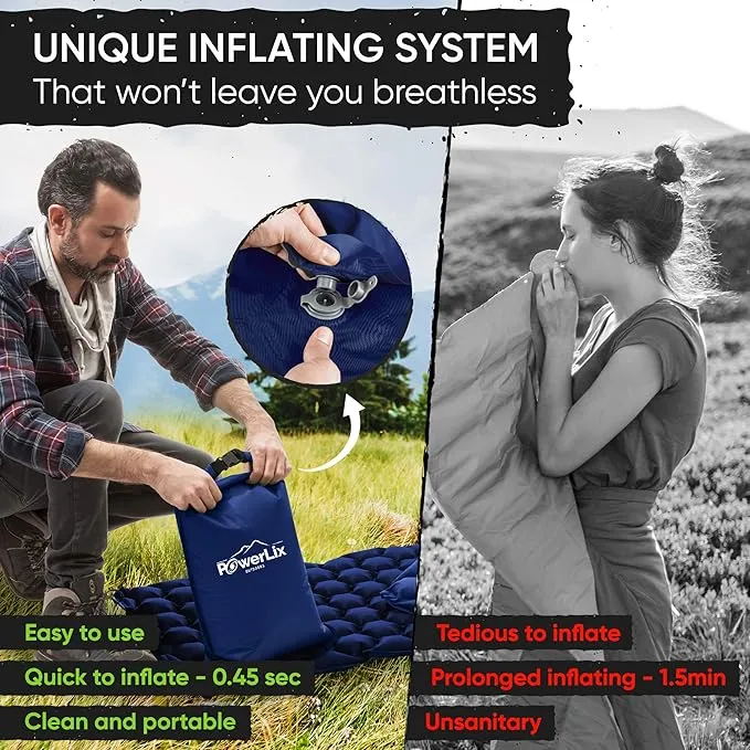 POWERLIX Ultralight Sleeping Pad for Camping with Inflating Bag, Carry Bag, Repair Kit – Compact Lightweight Camping Mat, Outdoor Backpacking Hiking Traveling Airpad Camping Air Mattress