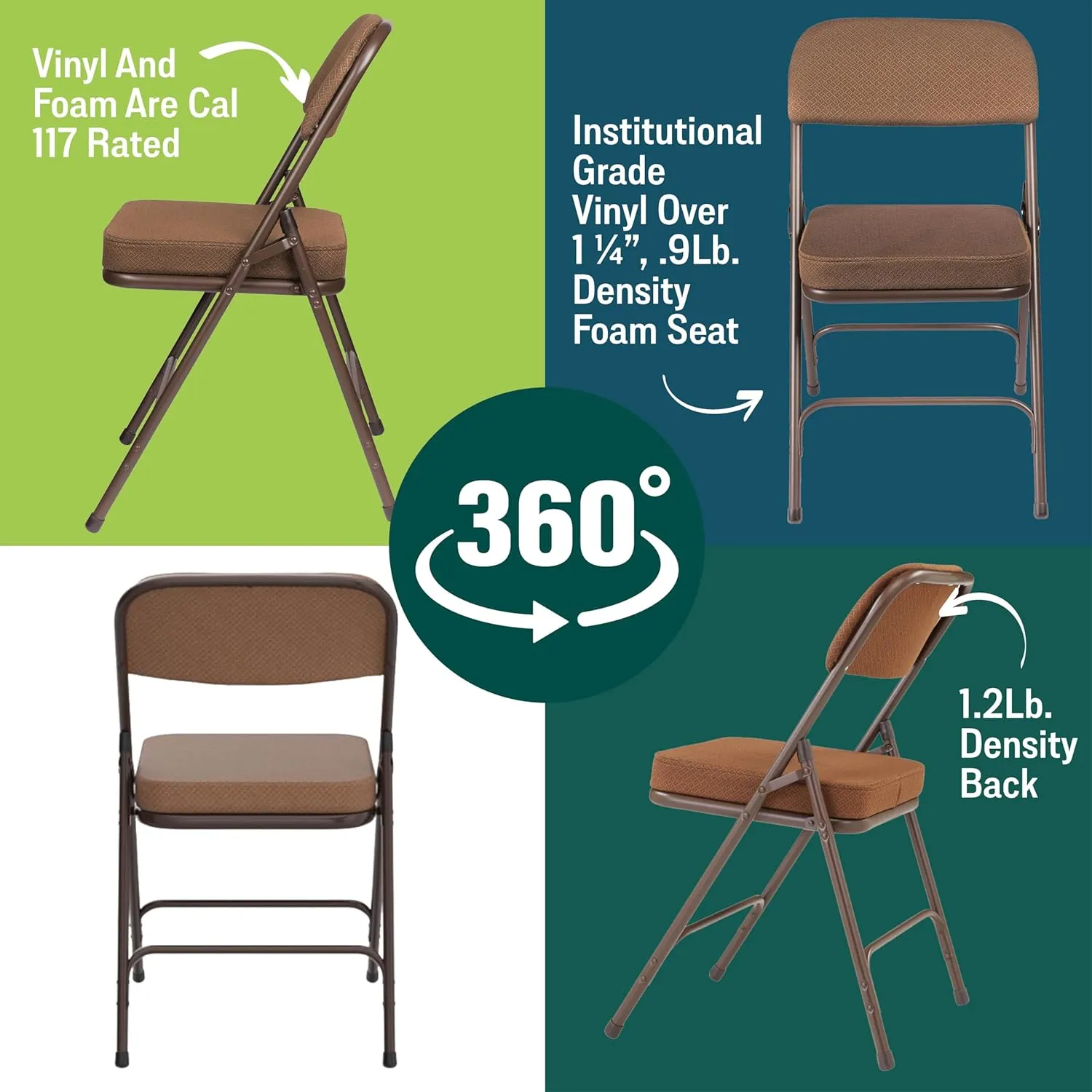 Premium Cushioned Portable Folding Chairs by National Public Seating – 3200 Series Upholstered, Heavy-Duty Foldable Chairs for Indoor & Outdoor Use – Set of 2, Comfortable & Durable, Gold with Brown Frame