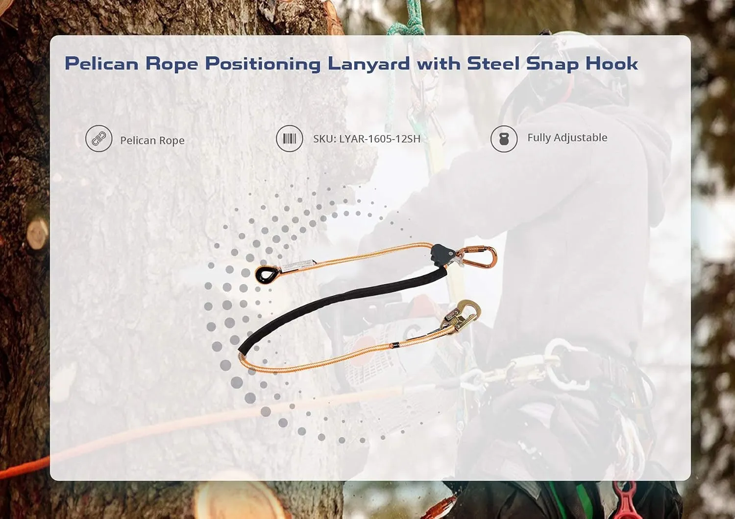 ProClimb Arborist Positioning Lanyard by Pelican Rope - 1/2 in x 12 ft Polyester Rope with Steel Snap Hook - Adjustable, High Visibility, ANSI/OSHA Certified for Work Positioning and Tree Climbing