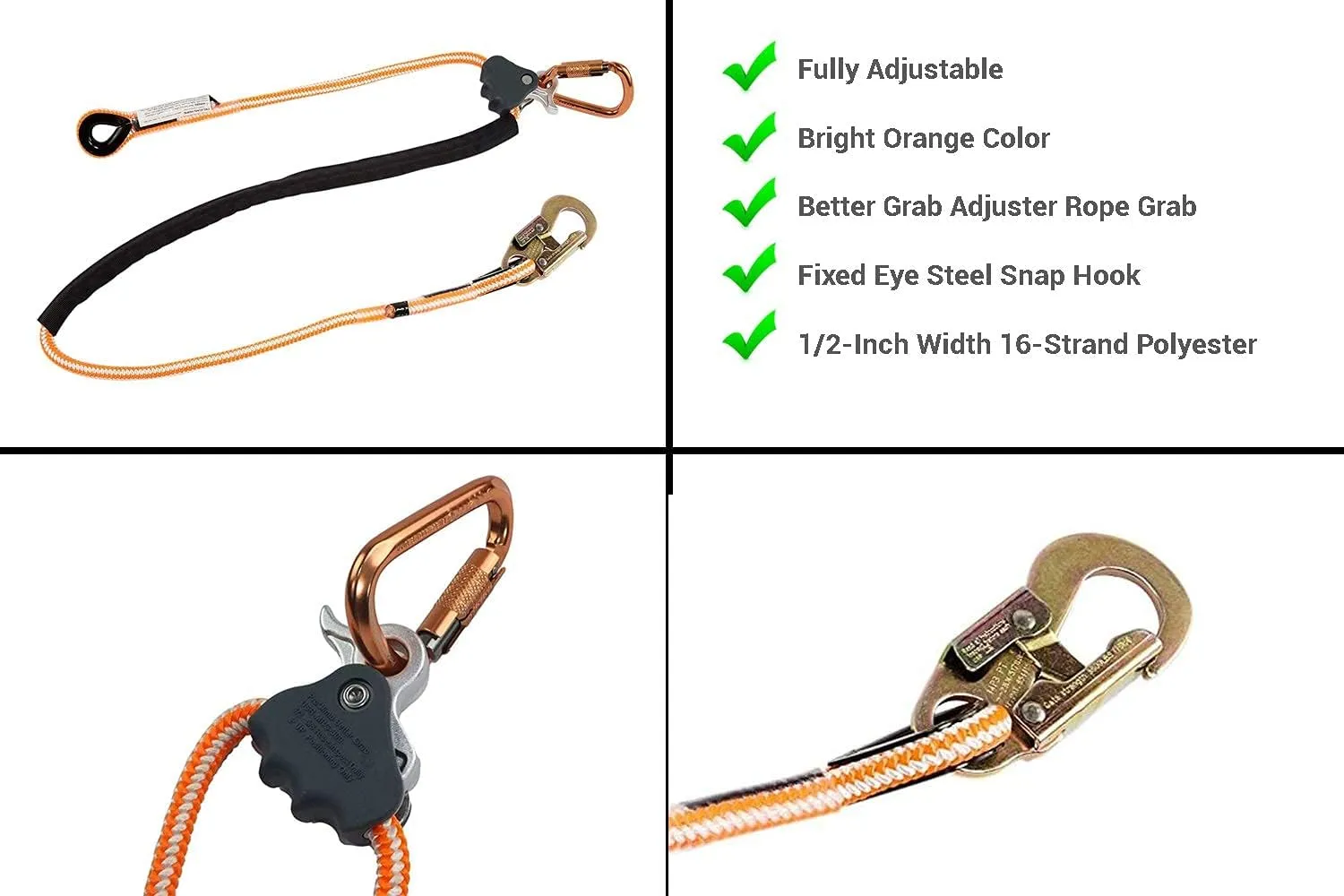 ProClimb Arborist Positioning Lanyard by Pelican Rope - 1/2 in x 12 ft Polyester Rope with Steel Snap Hook - Adjustable, High Visibility, ANSI/OSHA Certified for Work Positioning and Tree Climbing