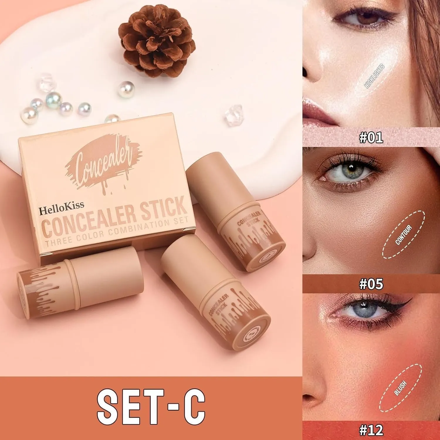 Professional Makeup Long-Lasting Waterproof Concealer Stick Set Buildable Medium Coverage Green Correcting Concealer Highlighter Bronzer Blush Multi-Color Natural Shade Birthday Fall Gift (SET-C)