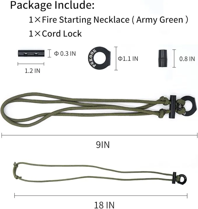 PSKOOK Fire Starter Necklace, Survival Paracord Necklace with Flint and Steel, Bushcraft Necklace for Camping, Hiking and Backpacking