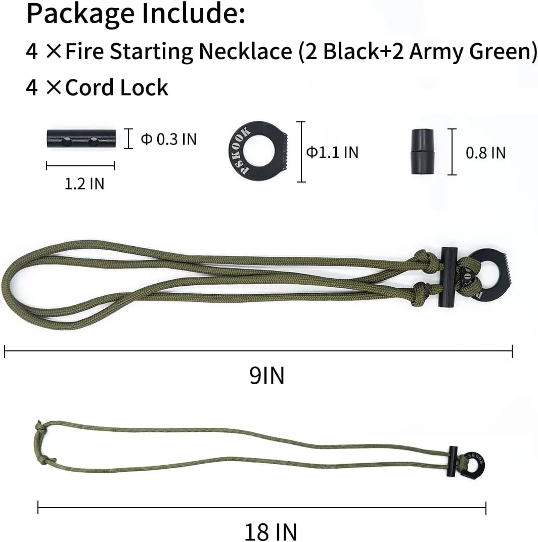 PSKOOK Fire Starter Necklace, Survival Paracord Necklace with Flint and Steel, Bushcraft Necklace for Camping, Hiking and Backpacking
