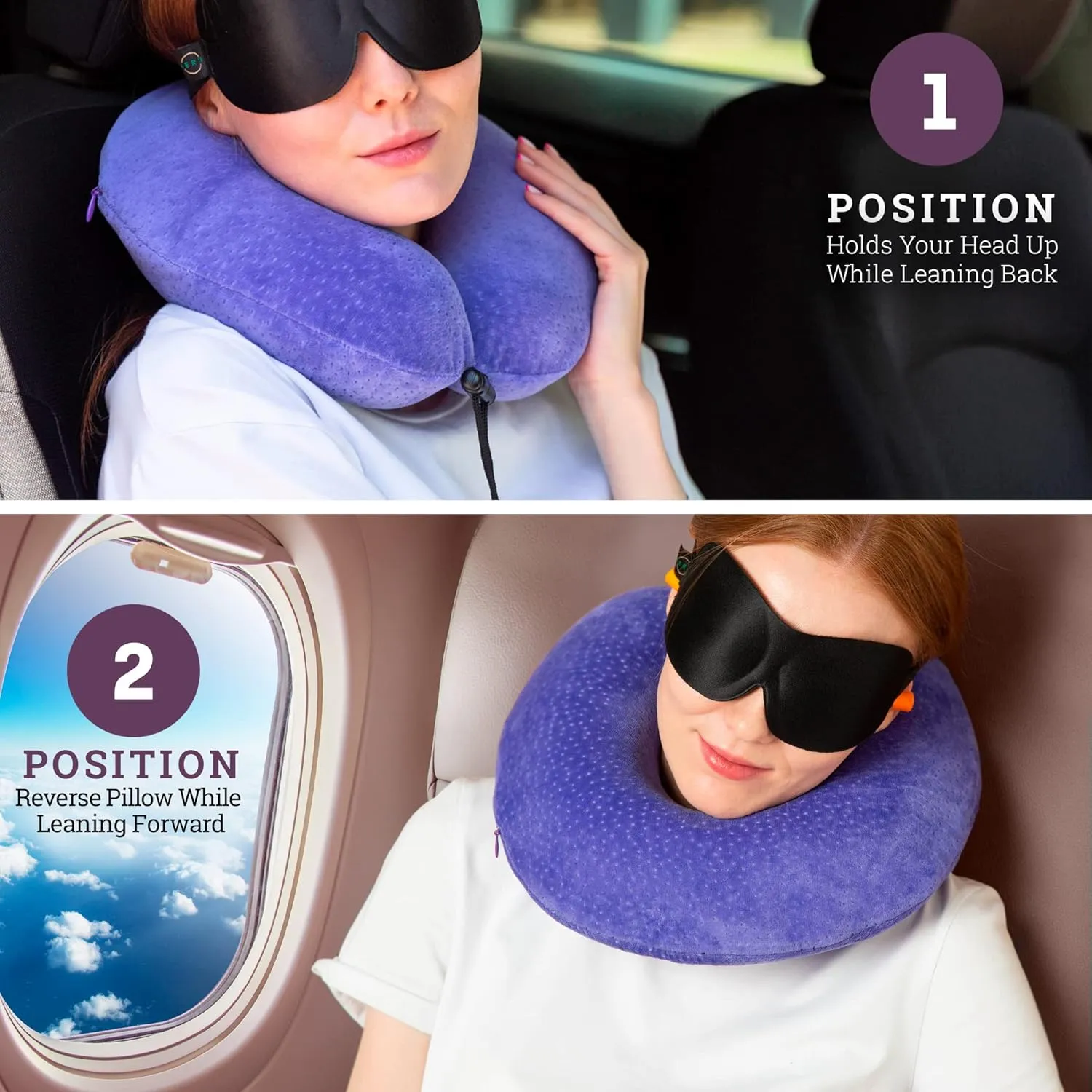 Purple Travel Pillow for Airplanes and Cars – Memory Foam Neck Pillow with Sleep Mask, Earplugs, Carry Bag, and Washable Velour Cover