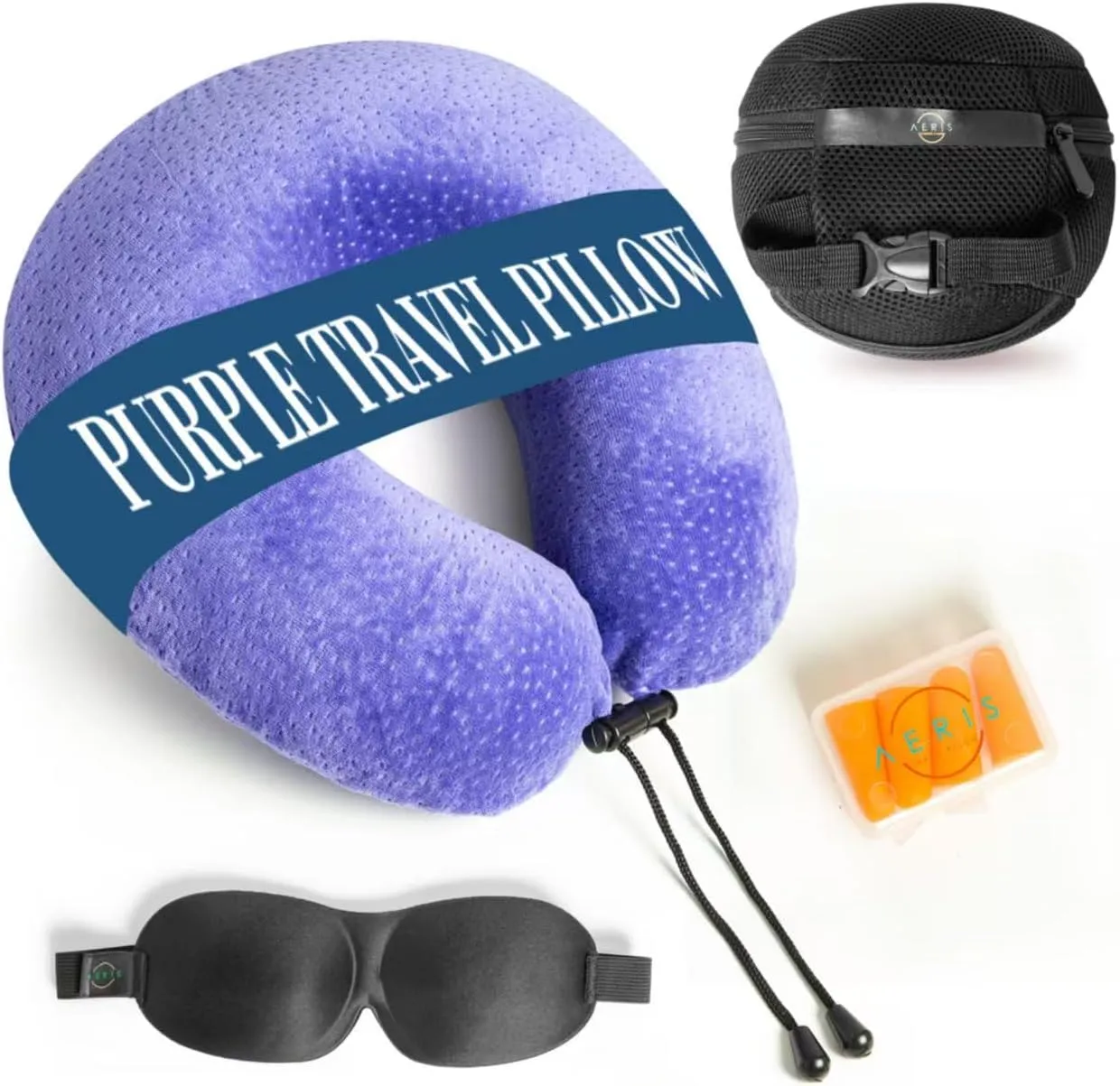 Purple Travel Pillow for Airplanes and Cars – Memory Foam Neck Pillow with Sleep Mask, Earplugs, Carry Bag, and Washable Velour Cover