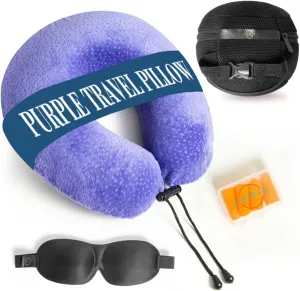 Purple Travel Pillow for Airplanes and Cars – Memory Foam Neck Pillow with Sleep Mask, Earplugs, Carry Bag, and Washable Velour Cover