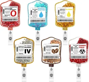 Quelay 6 Pcs Blood Bag Shaker ID Badge Reels Glitter Retractable Nursing ID Badge Holder with Clip for Nurses Doctor Assistant Medical Staff Rn CNA Ma CMA Ipn Healthcare Hospital Gifts Accessories