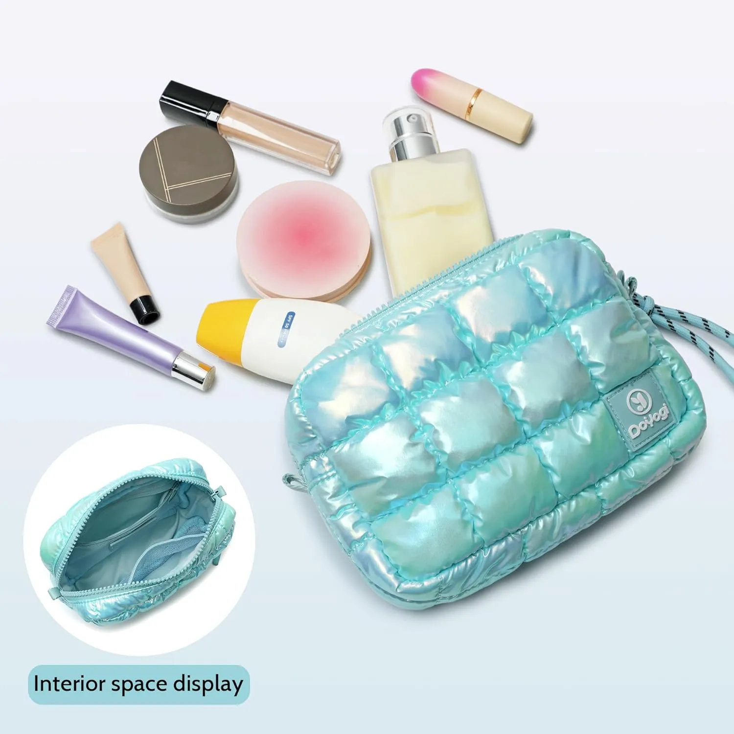 Quilted Cosmetic Bag, Puffer Makeup Bags, Crossbody Purses for women,Cute Travel Toiletry Bag for Women (Dazzling Ice Blue)