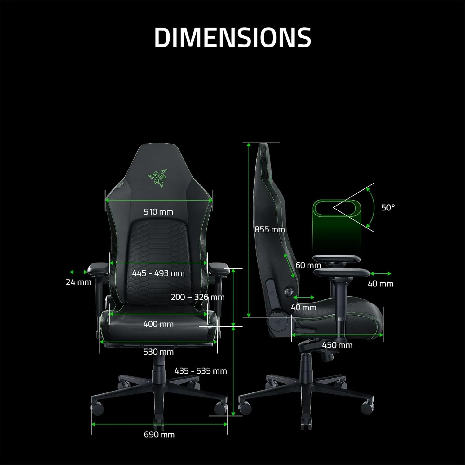 Razer Iskur V2 Gaming Chair: Adaptive Lumbar Support - Adjustable Lumbar Curve - High Density Foam Cushions - Reactive Seat Tilt &152-degree Recline - 4D Armrests - Synthetic Leather - Black/Green