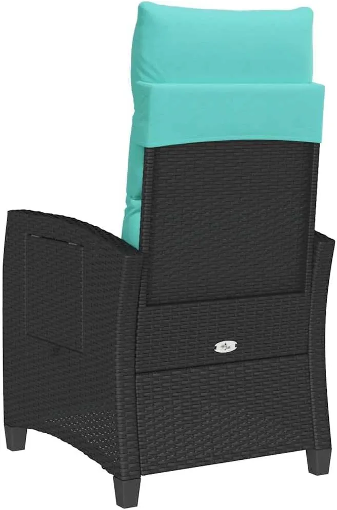 Reclining Patio Chair with Adjustable Backrest and Foldable Side Table, PE Rattan Outdoor Lounge Chair with Turquoise Cushions, Black Weather-Resistant Furniture for Poolside Backyard Deck
