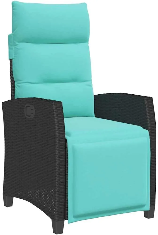 Reclining Patio Chair with Adjustable Backrest and Foldable Side Table, PE Rattan Outdoor Lounge Chair with Turquoise Cushions, Black Weather-Resistant Furniture for Poolside Backyard Deck