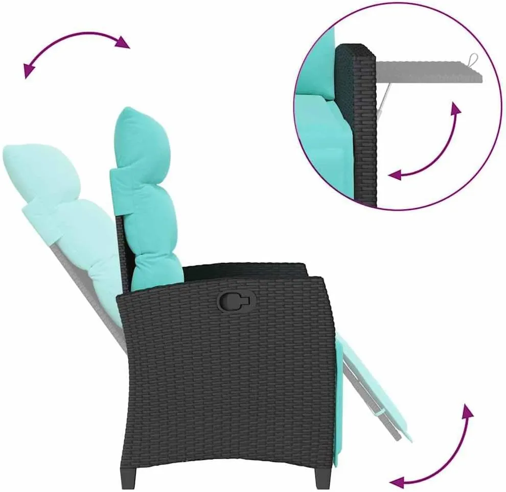 Reclining Patio Chair with Adjustable Backrest and Foldable Side Table, PE Rattan Outdoor Lounge Chair with Turquoise Cushions, Black Weather-Resistant Furniture for Poolside Backyard Deck