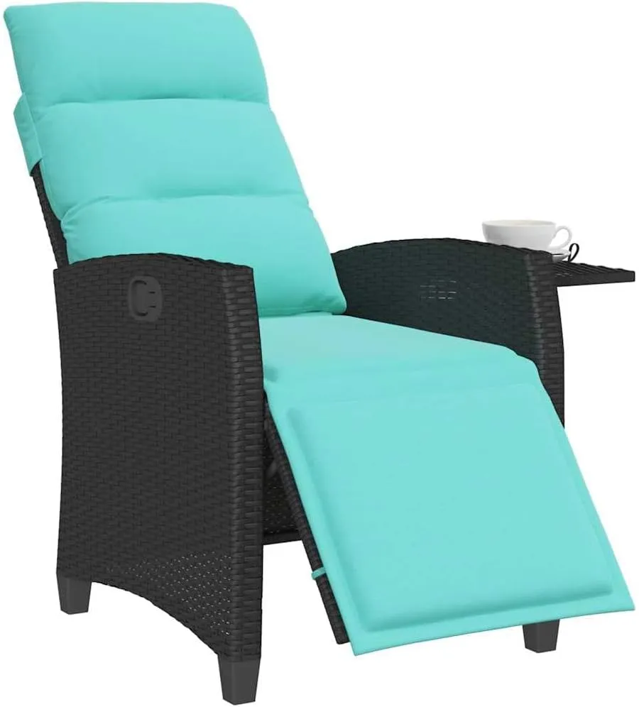 Reclining Patio Chair with Adjustable Backrest and Foldable Side Table, PE Rattan Outdoor Lounge Chair with Turquoise Cushions, Black Weather-Resistant Furniture for Poolside Backyard Deck