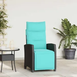 Reclining Patio Chair with Adjustable Backrest and Foldable Side Table, PE Rattan Outdoor Lounge Chair with Turquoise Cushions, Black Weather-Resistant Furniture for Poolside Backyard Deck