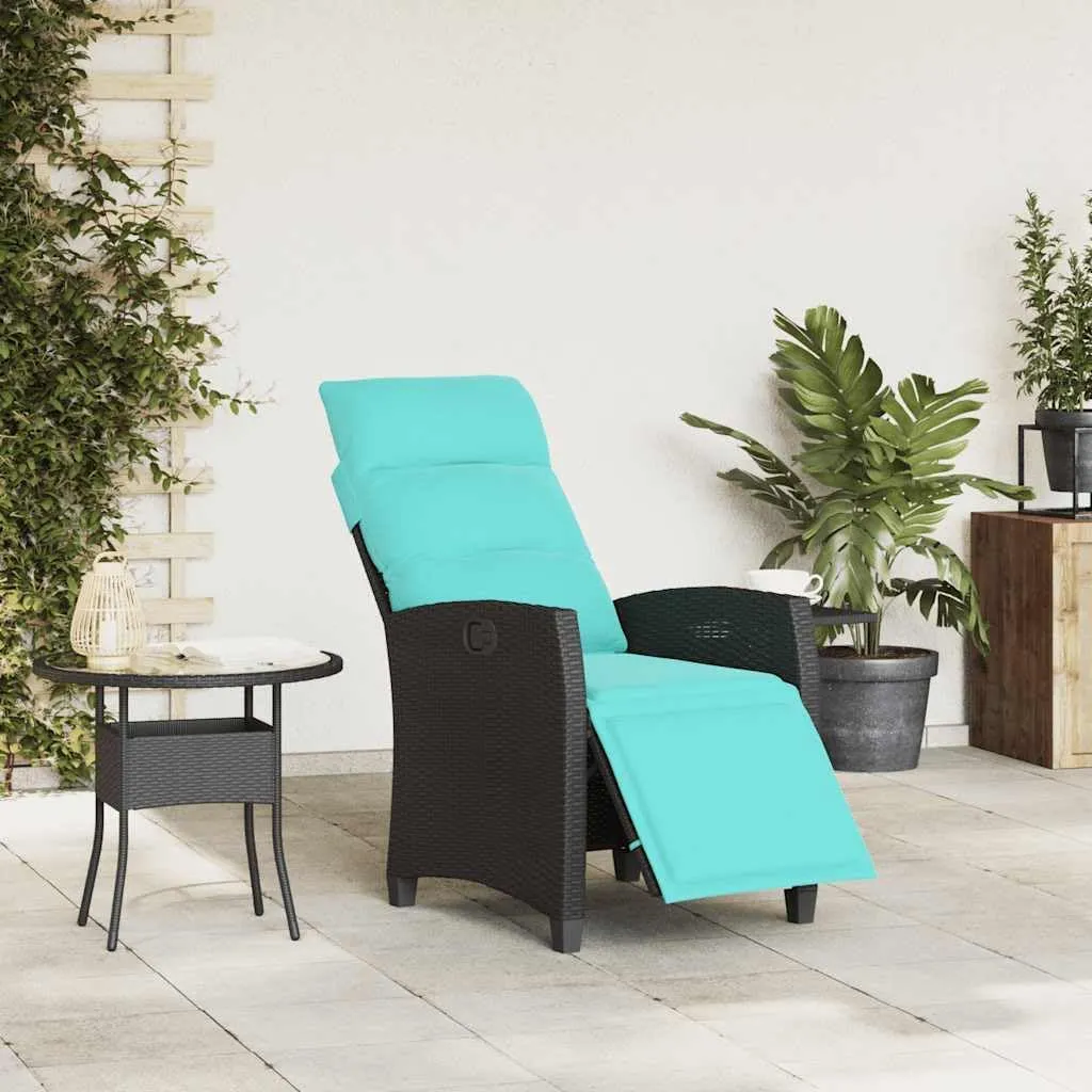 Reclining Patio Chair with Adjustable Backrest and Foldable Side Table, PE Rattan Outdoor Lounge Chair with Turquoise Cushions, Black Weather-Resistant Furniture for Poolside Backyard Deck