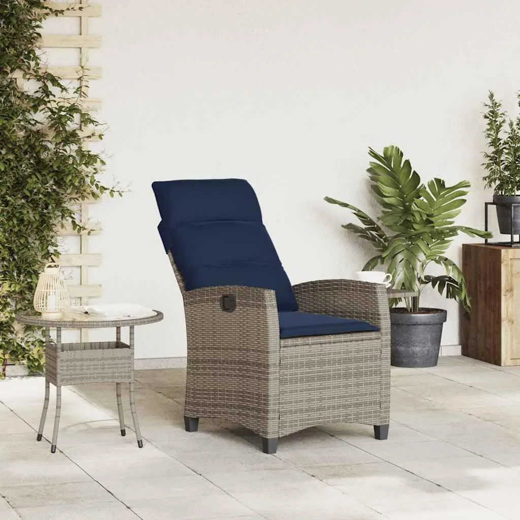 Reclining Patio Chair with Foldable Side Table Gray PE Rattan Outdoor Lounge Furniture Adjustable Backrest & Navy Blue Cushions for Poolside Camping Backyard