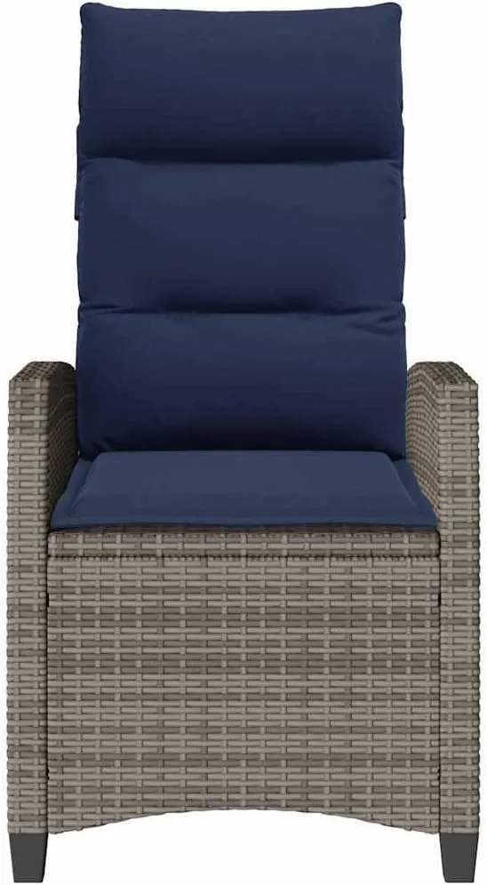 Reclining Patio Chair with Foldable Side Table Gray PE Rattan Outdoor Lounge Furniture Adjustable Backrest & Navy Blue Cushions for Poolside Camping Backyard