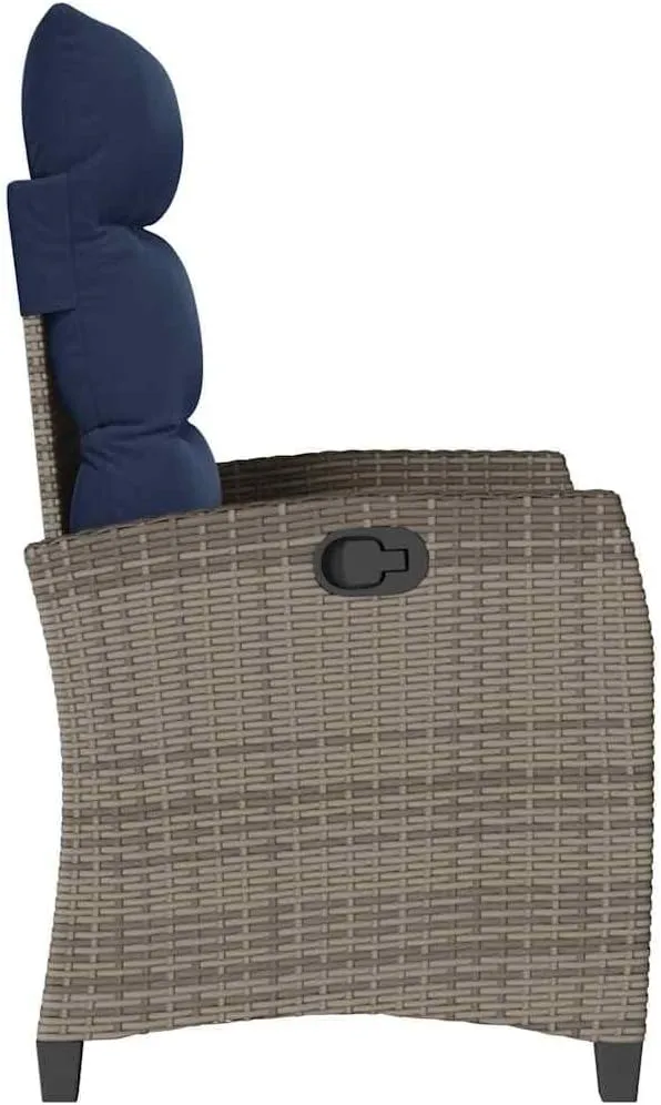 Reclining Patio Chair with Foldable Side Table Gray PE Rattan Outdoor Lounge Furniture Adjustable Backrest & Navy Blue Cushions for Poolside Camping Backyard