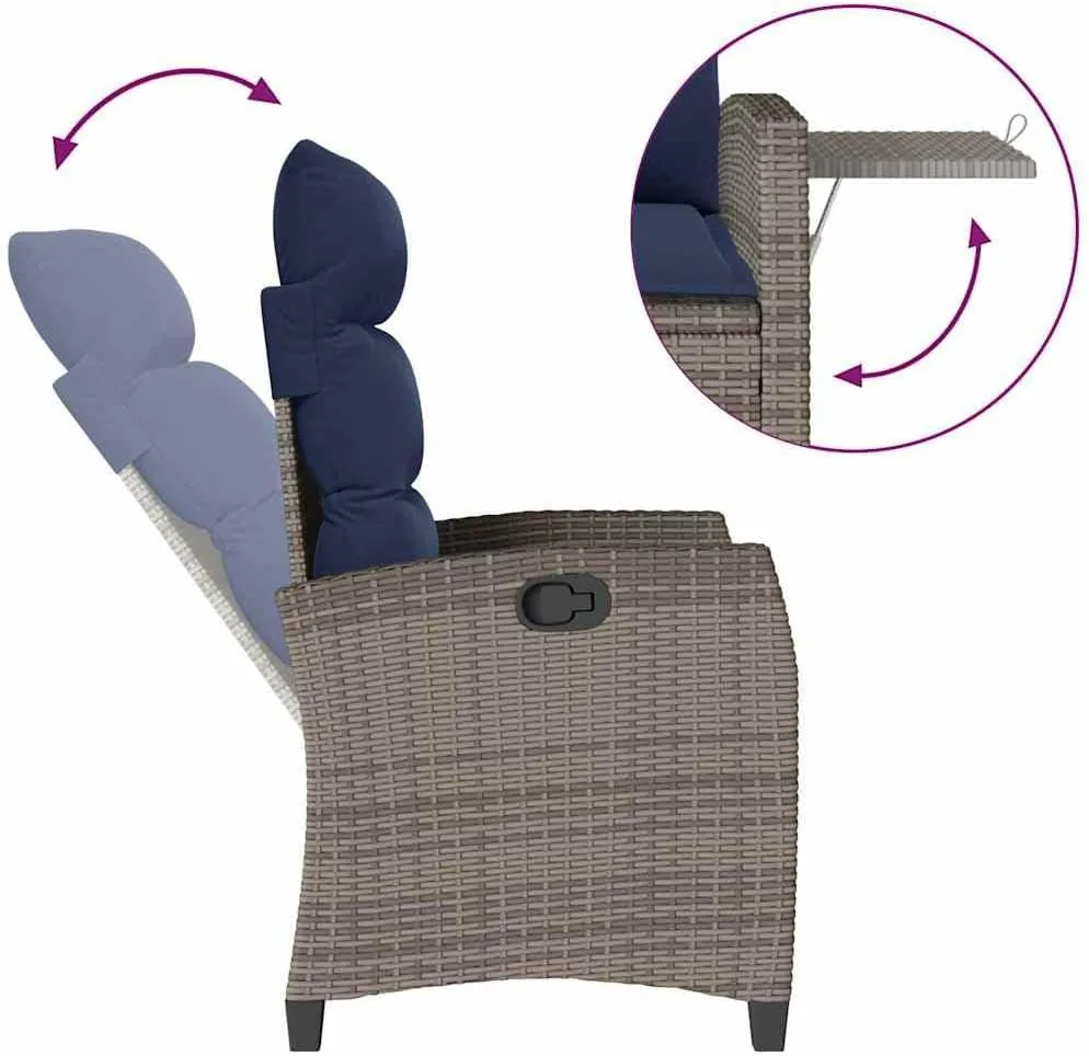 Reclining Patio Chair with Foldable Side Table Gray PE Rattan Outdoor Lounge Furniture Adjustable Backrest & Navy Blue Cushions for Poolside Camping Backyard