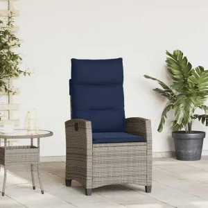 Reclining Patio Chair with Foldable Side Table Gray PE Rattan Outdoor Lounge Furniture Adjustable Backrest & Navy Blue Cushions for Poolside Camping Backyard