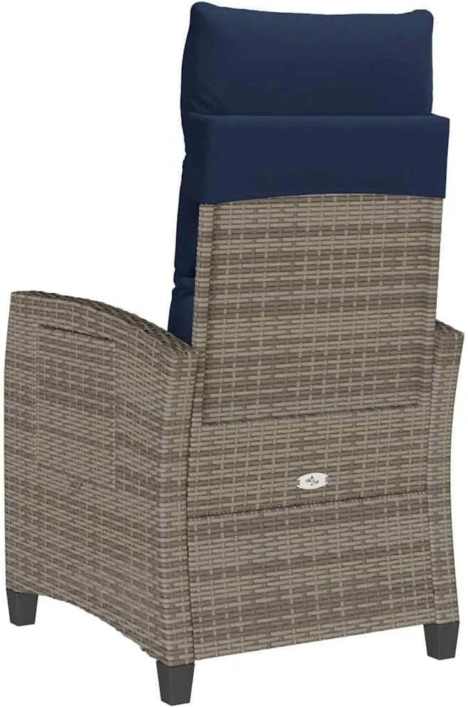 Reclining Patio Chair with Foldable Side Table Gray PE Rattan Outdoor Lounge Furniture Adjustable Backrest & Navy Blue Cushions for Poolside Camping Backyard