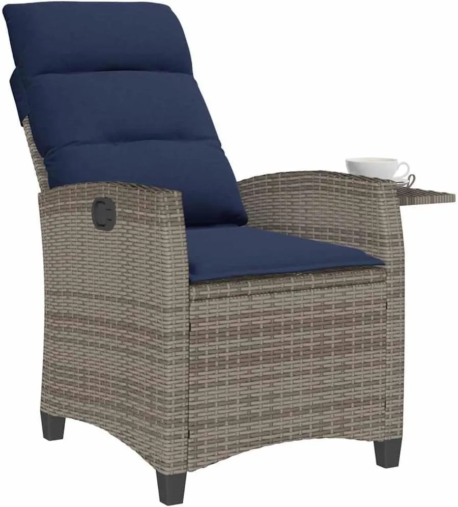Reclining Patio Chair with Foldable Side Table Gray PE Rattan Outdoor Lounge Furniture Adjustable Backrest & Navy Blue Cushions for Poolside Camping Backyard