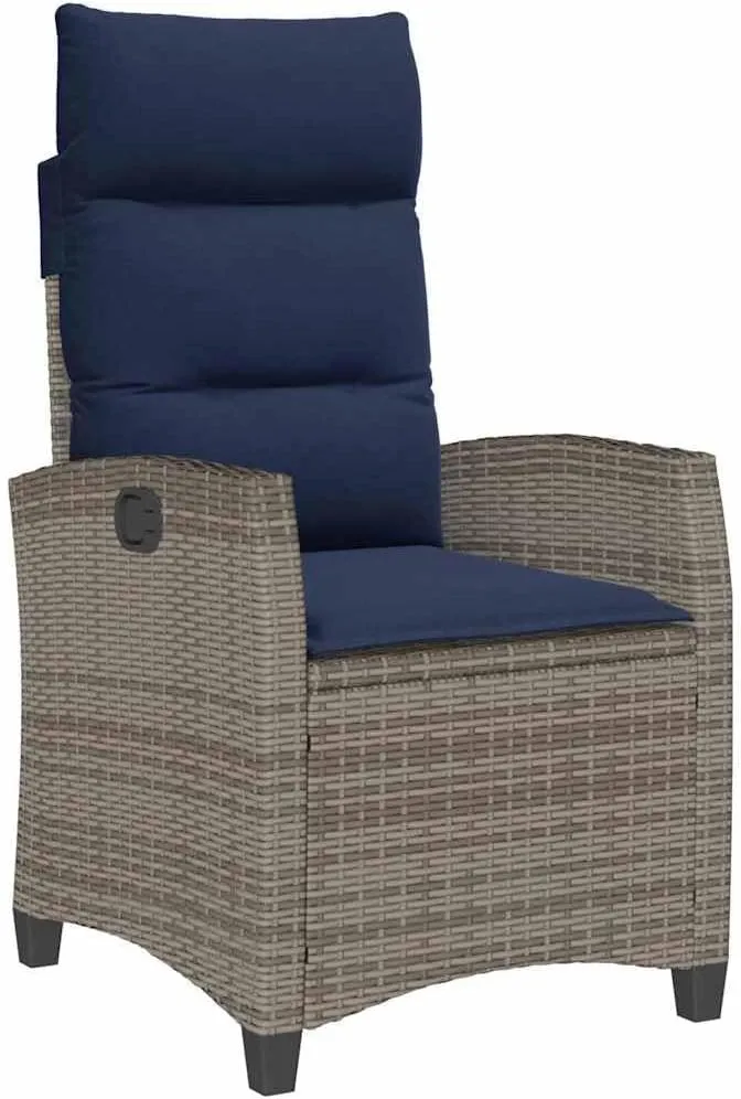 Reclining Patio Chair with Foldable Side Table Gray PE Rattan Outdoor Lounge Furniture Adjustable Backrest & Navy Blue Cushions for Poolside Camping Backyard