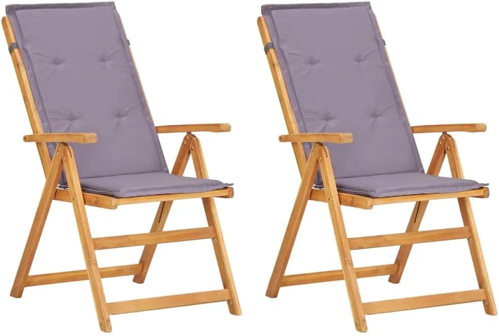 Reclining Patio Chairs Set of 2, Brown Solid Acacia Wood Lounge Chair with Fabric Cushion, Foldable Outdoor Chairs for Garden, Patio Furniture, Adjustable Recliner with Armrests for Relaxation