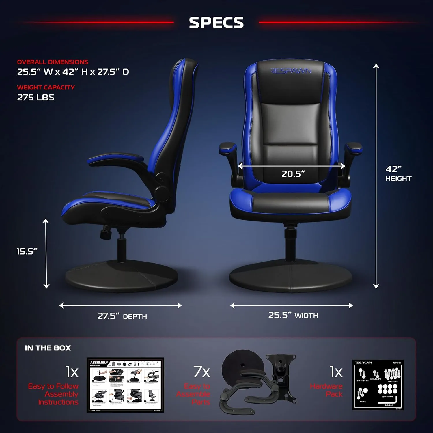 RESPAWN 800 Gaming Chair Floor, Swivel Rocker Gaming Chair, High Back Ergonomic ᖴloor Gaming 𝖢hair for Kids and Adults, Gaming Recliner, Floor Rocker Ⲥhair with Armrests - Blue