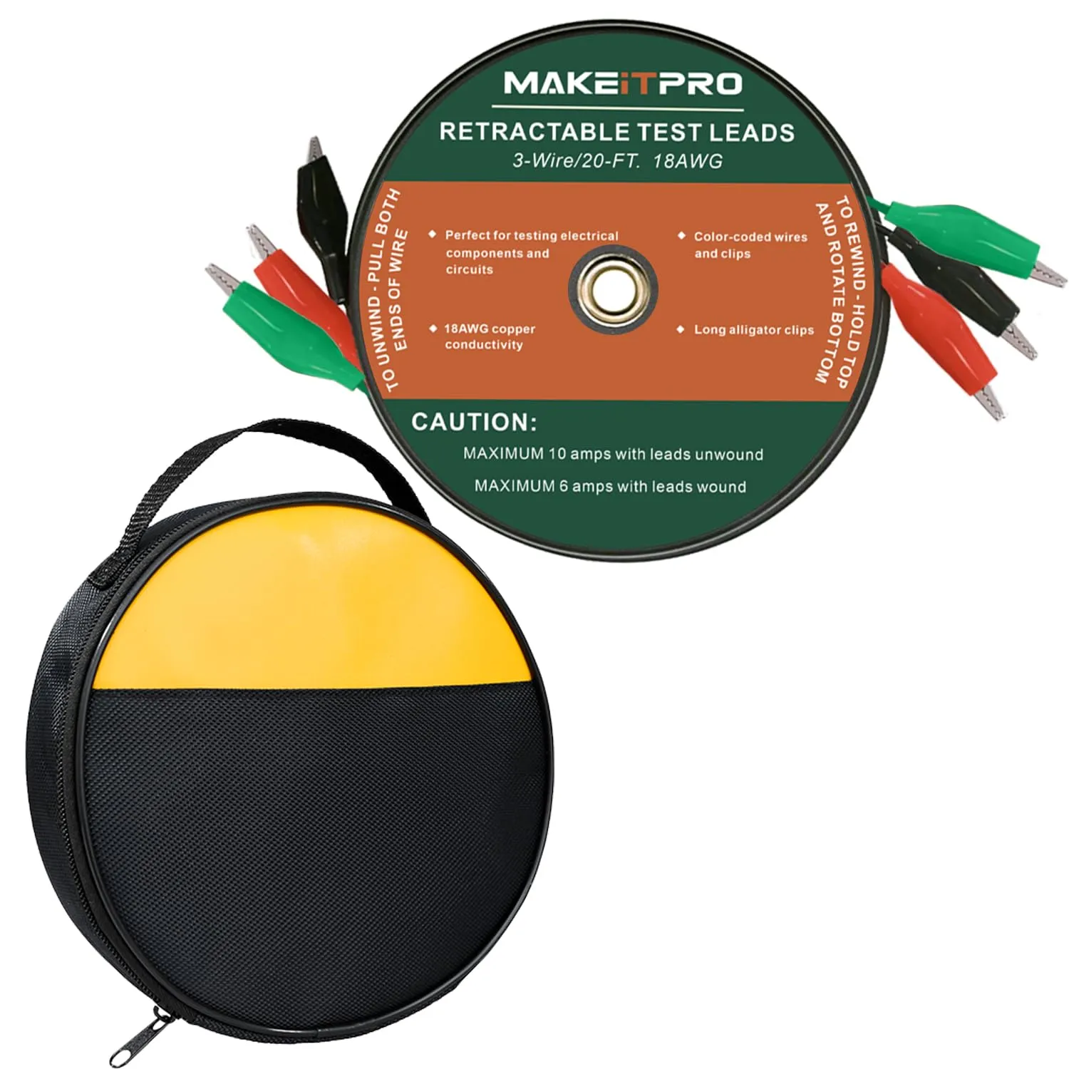 Retractable Test Leads 3 Wires 20FT 18AWG Aligator Clips in Reel with Cable Bag for Circuit Connection/Electrical Testing and Troubleshooting