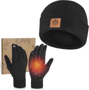 RIGWARL Soft Mens Hat and Winter Gloves Set for 32-50℉, Warm Hat and Waterproof Touchscreen Gloves for Men Women, Black