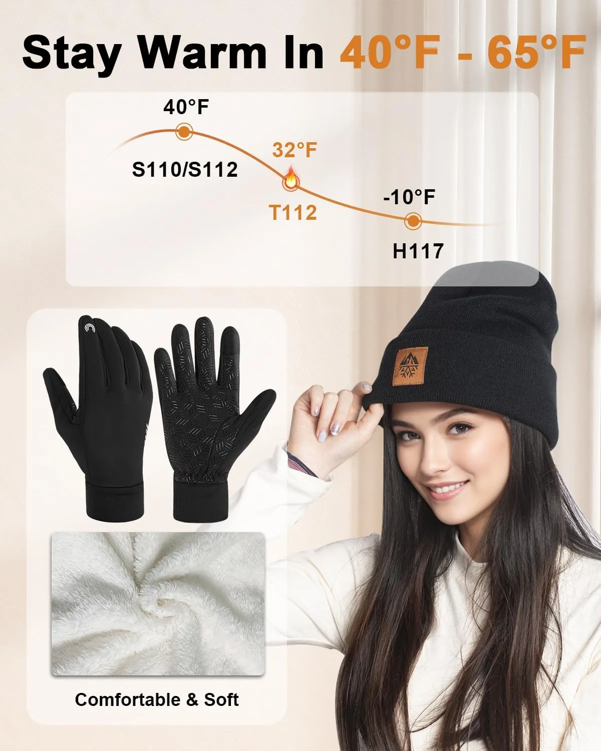 RIGWARL Soft Mens Hat and Winter Gloves Set for 32-50℉, Warm Hat and Waterproof Touchscreen Gloves for Men Women, Black