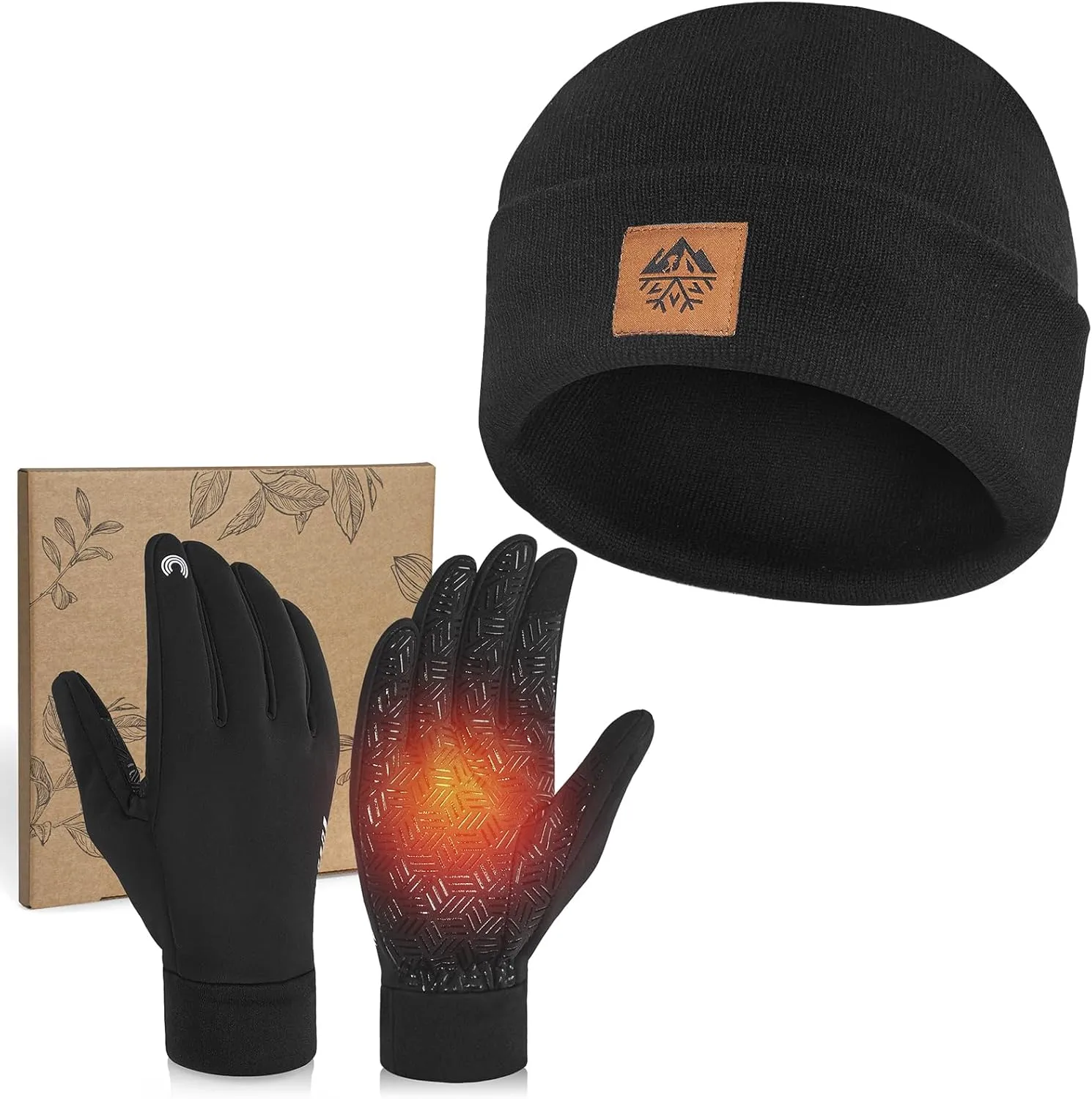 RIGWARL Soft Mens Hat and Winter Gloves Set for 32-50℉, Warm Hat and Waterproof Touchscreen Gloves for Men Women, Black
