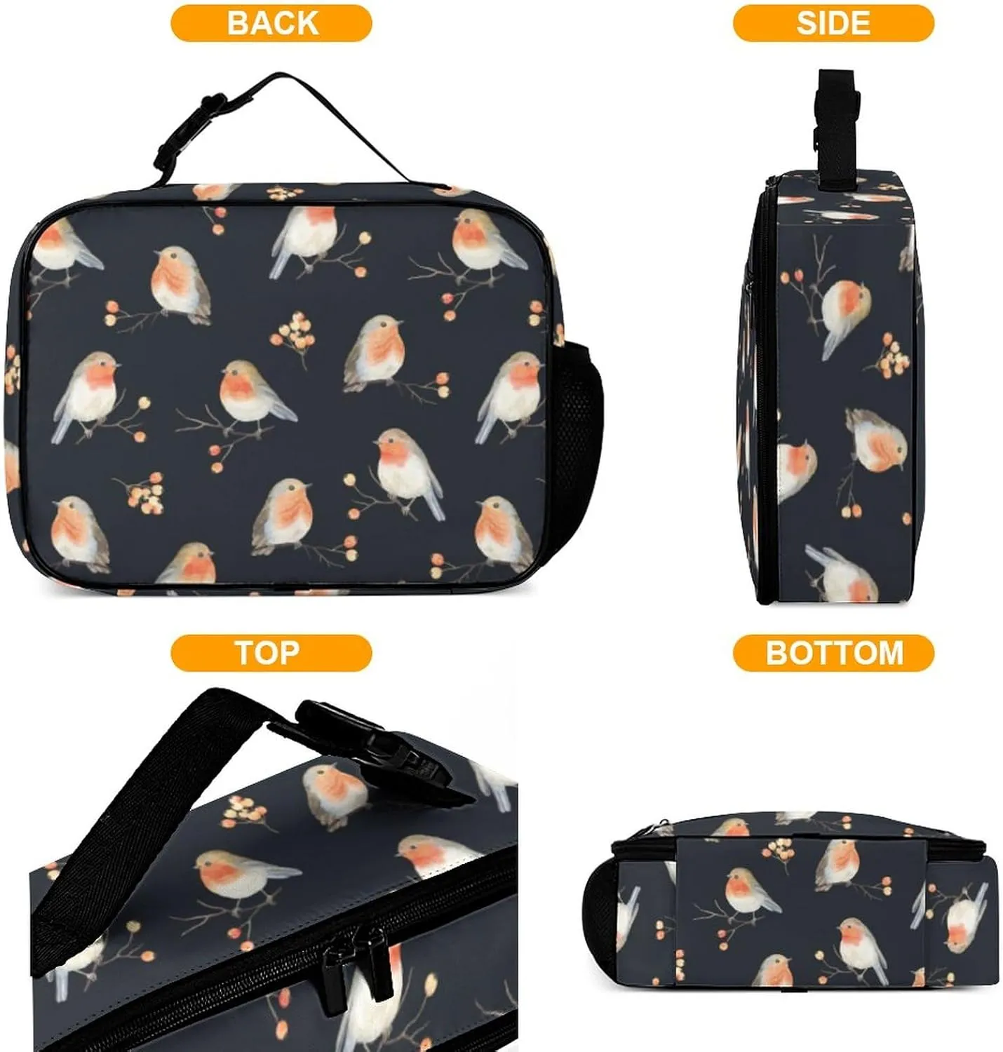Robin Birds Reusable Lunch Box Insulated Lunch Bag Cooler Bag Lunchbox Meal Food Container Tote Bag for Women Kids Girls Boy School Camping Hiking Picnic Beach Travel