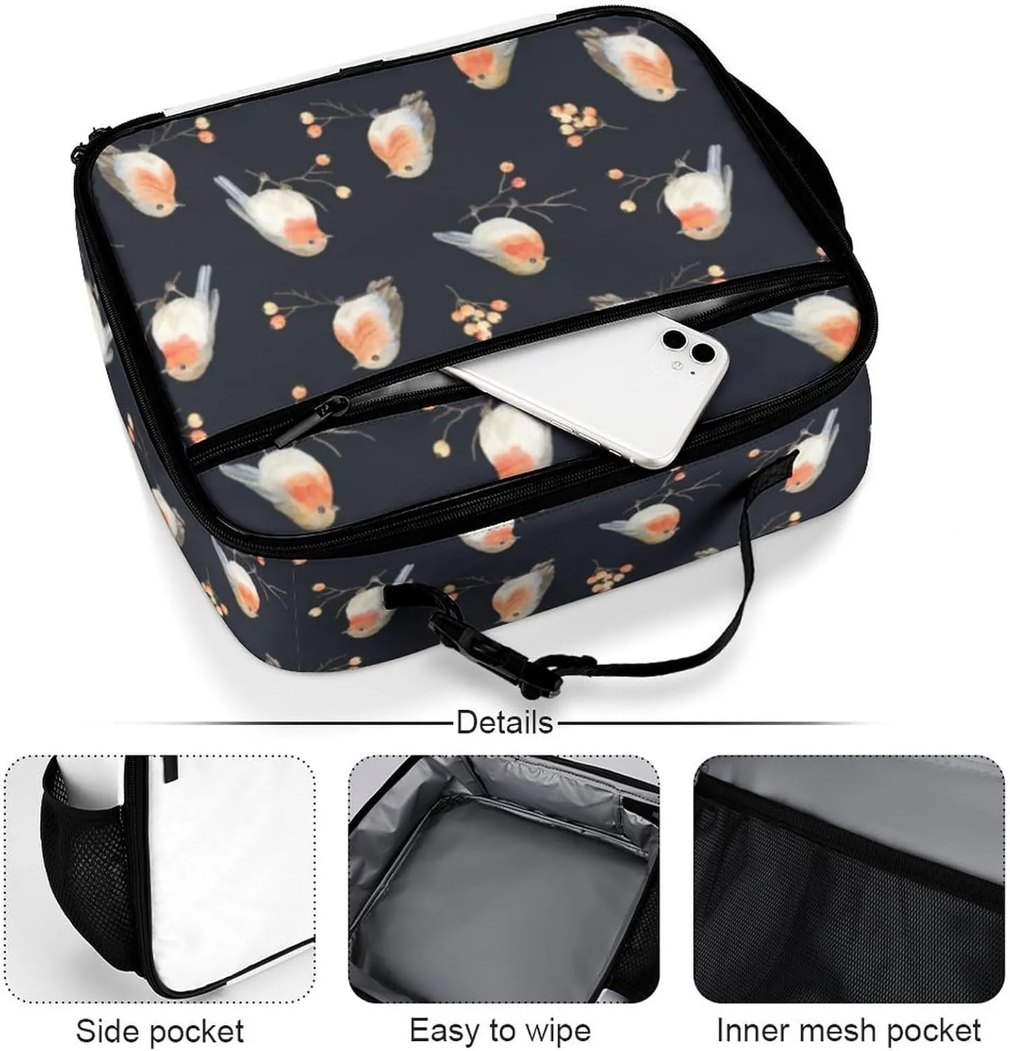 Robin Birds Reusable Lunch Box Insulated Lunch Bag Cooler Bag Lunchbox Meal Food Container Tote Bag for Women Kids Girls Boy School Camping Hiking Picnic Beach Travel