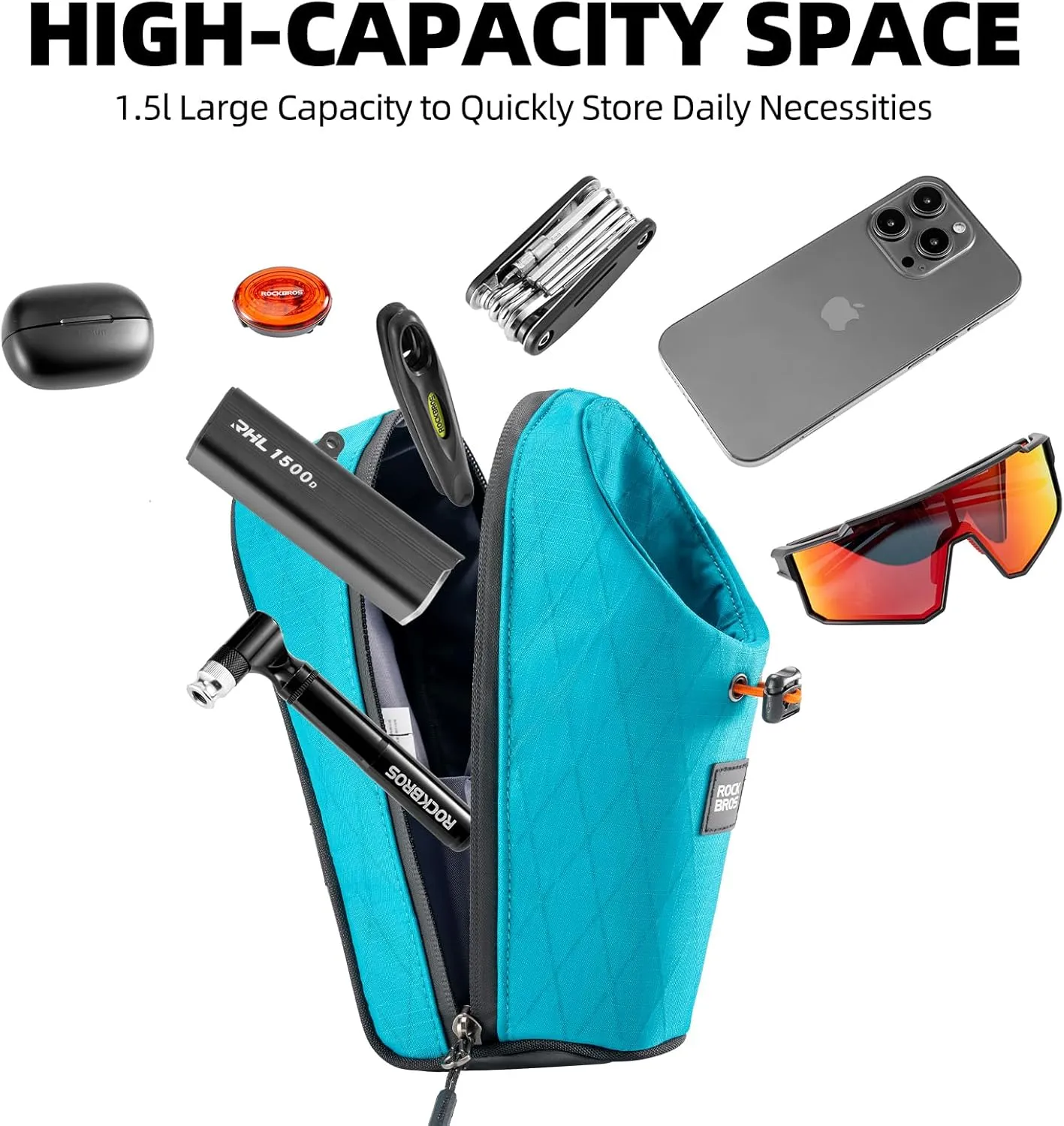 ROCKBROS Electric Scooter Bag, Bike Handlebar Bag with External Water Bottle Holder, Prorietary Magnetic Snap 1.5L Storage Bag for Electric Scooters, Ebike and Folding Bicycles, Blue
