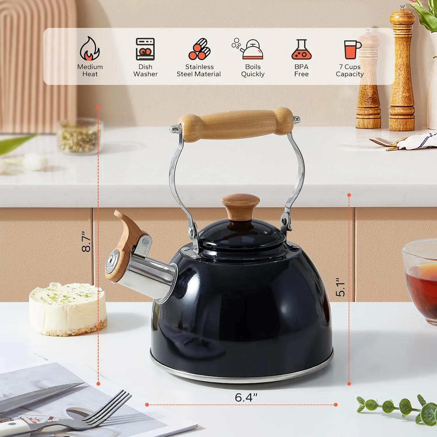 ROCKURWOK Tea Kettle, Tea Pot with Cool Touch Ergonomic Handle, Teapot Food Grade Stainless Steel, Tea Kettle Stovetop, Kettle Teapot, Whistling Tea Kettle, Small Tea Kettle, 1.6 Quart (Black)