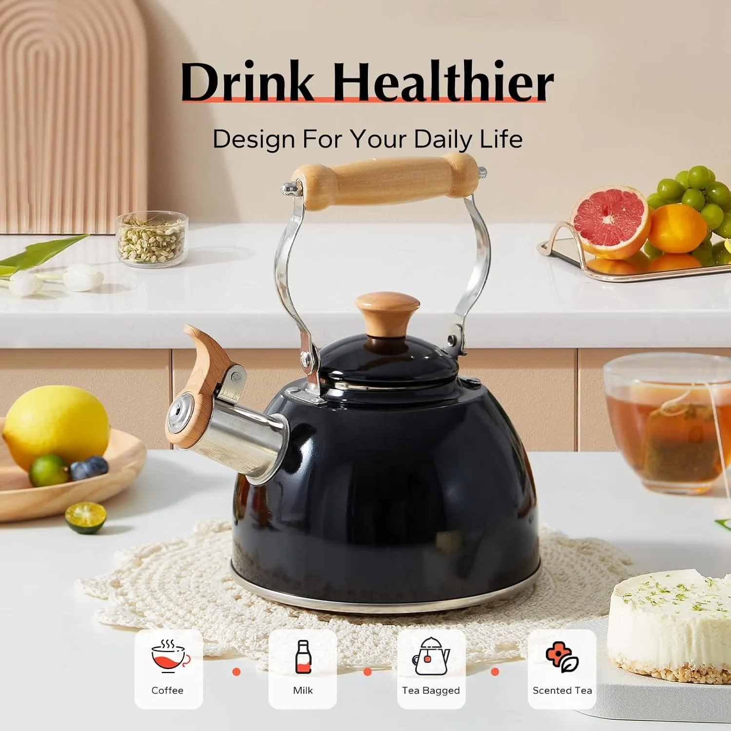 ROCKURWOK Tea Kettle, Tea Pot with Cool Touch Ergonomic Handle, Teapot Food Grade Stainless Steel, Tea Kettle Stovetop, Kettle Teapot, Whistling Tea Kettle, Small Tea Kettle, 1.6 Quart (Black)