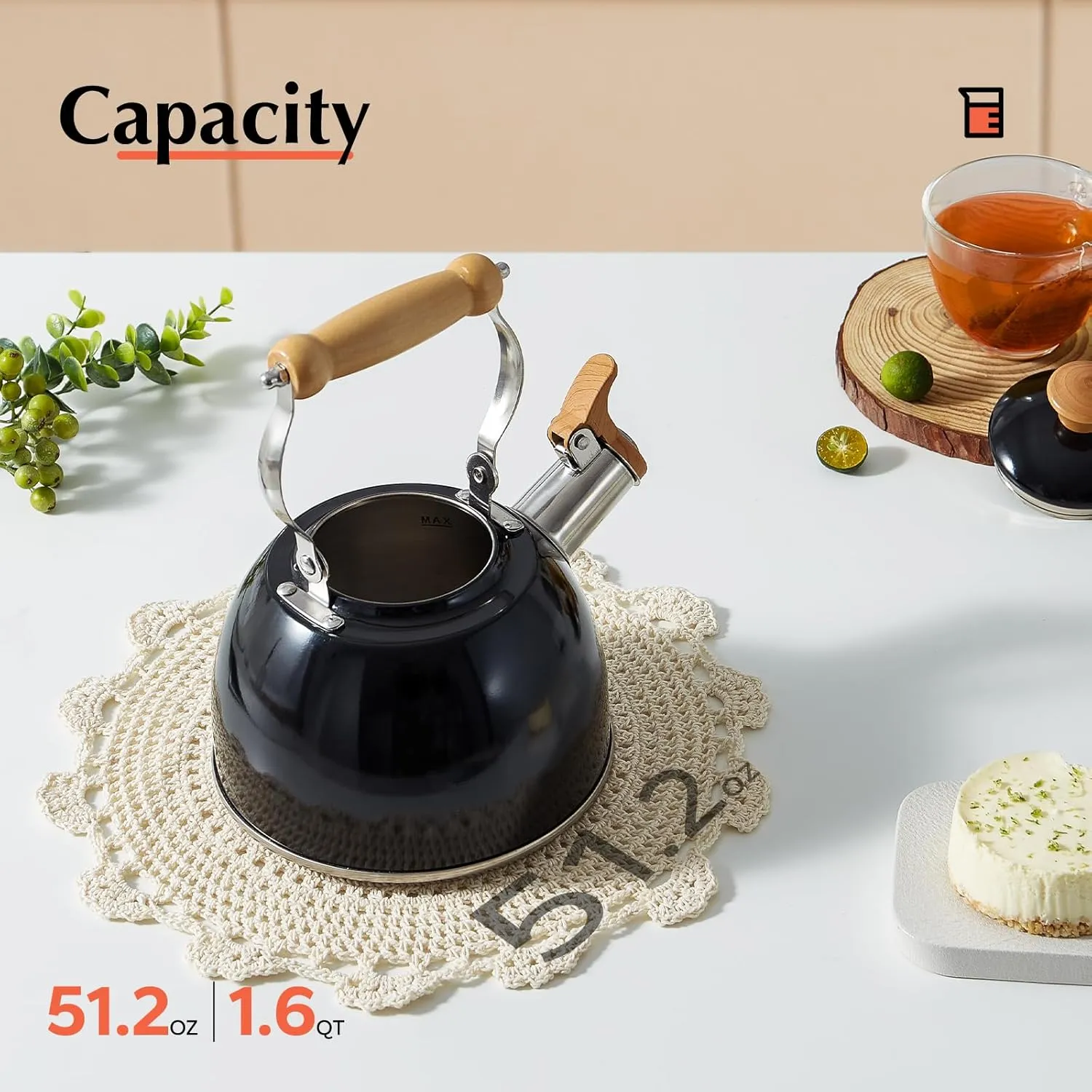 ROCKURWOK Tea Kettle, Tea Pot with Cool Touch Ergonomic Handle, Teapot Food Grade Stainless Steel, Tea Kettle Stovetop, Kettle Teapot, Whistling Tea Kettle, Small Tea Kettle, 1.6 Quart (Black)