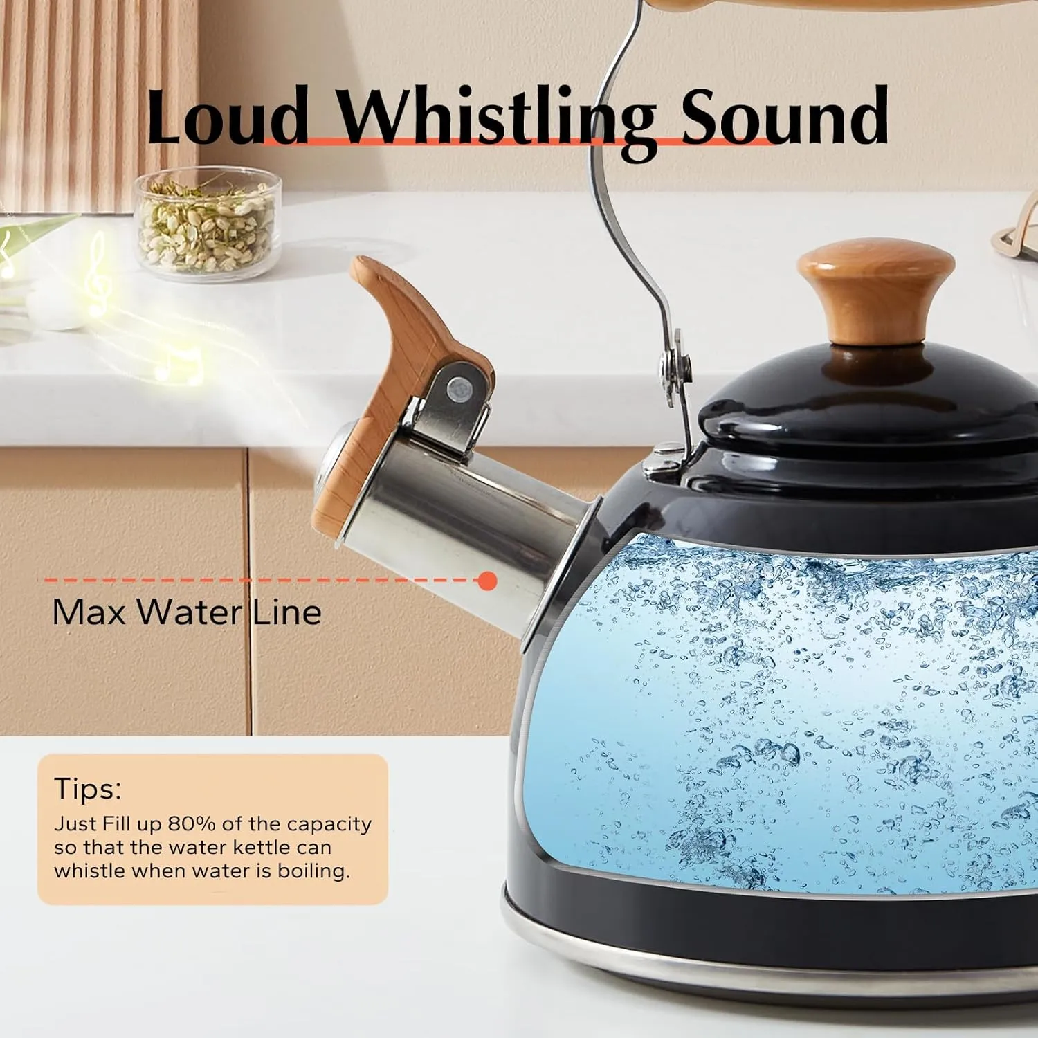 ROCKURWOK Tea Kettle, Tea Pot with Cool Touch Ergonomic Handle, Teapot Food Grade Stainless Steel, Tea Kettle Stovetop, Kettle Teapot, Whistling Tea Kettle, Small Tea Kettle, 1.6 Quart (Black)