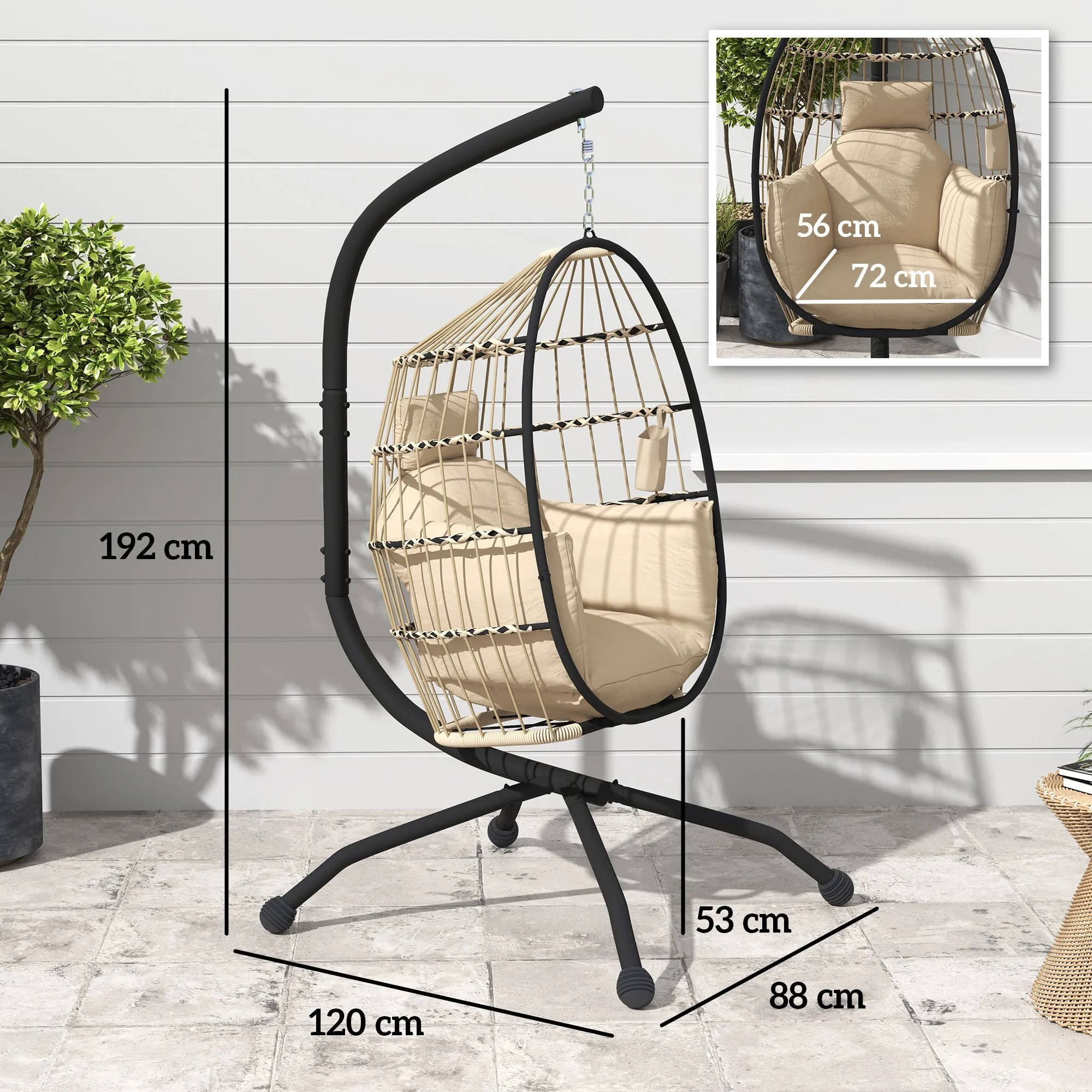 Rootz Hanging Chair Egg Chair - Indoor/Outdoor Chair - Foldable Basket Chair - Padded Comfort - 120cm x 88cm x 192cm