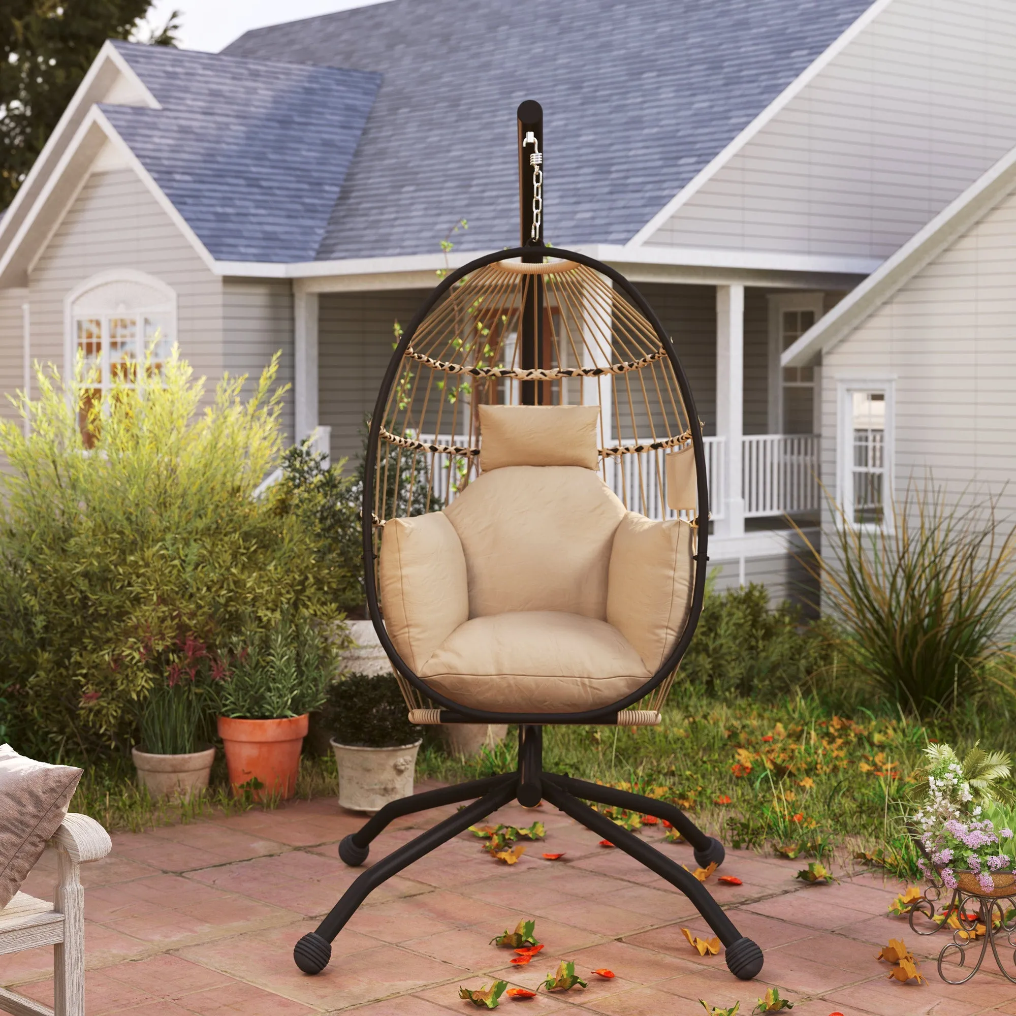 Rootz Hanging Chair Egg Chair - Indoor/Outdoor Chair - Foldable Basket Chair - Padded Comfort - 120cm x 88cm x 192cm